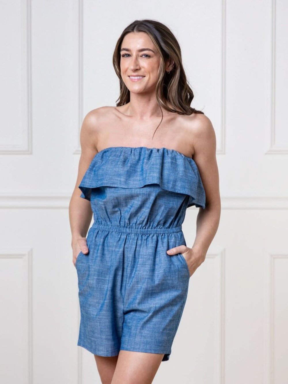 Hope & Henry Organic Ruffle Top Romper - Chambray - Picture 4 of 7